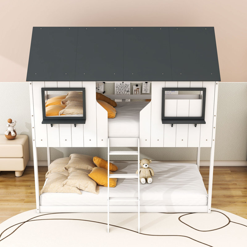 Arlton Twin Over Twin Wooden Playhouse Bunk Bed With Roof, Window And Guardrail, White