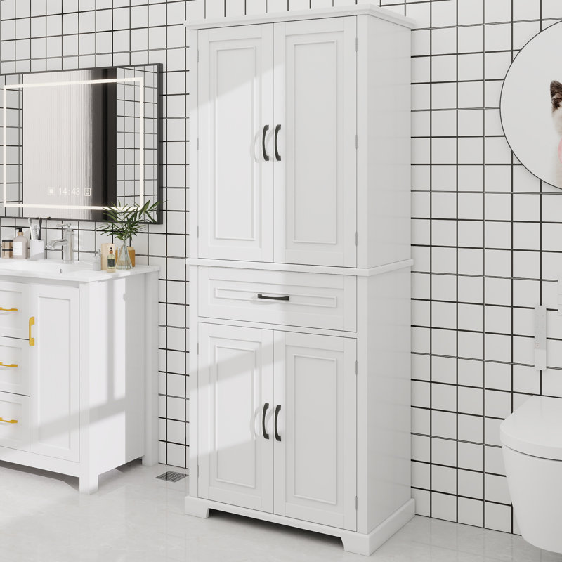 Armoire de rangement de salle de bain avec portes et tiroir, plusieurs espaces de rangement, tablette réglable, Blanc