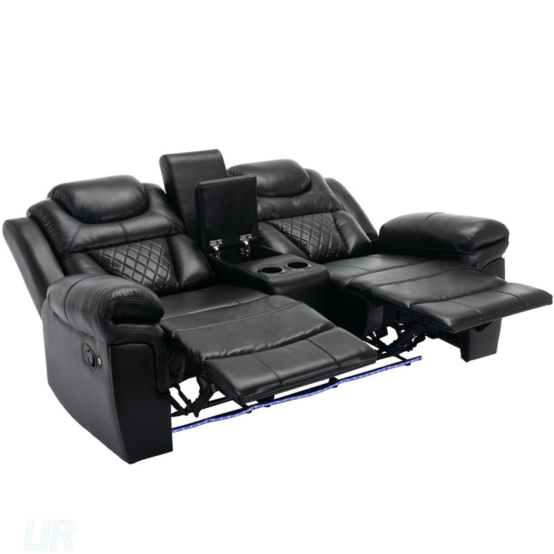 Causeuse de cinéma maison inclinable manuelle avec rangement escamotable, porte-gobelets et bande lumineuse à DEL pour le salon
