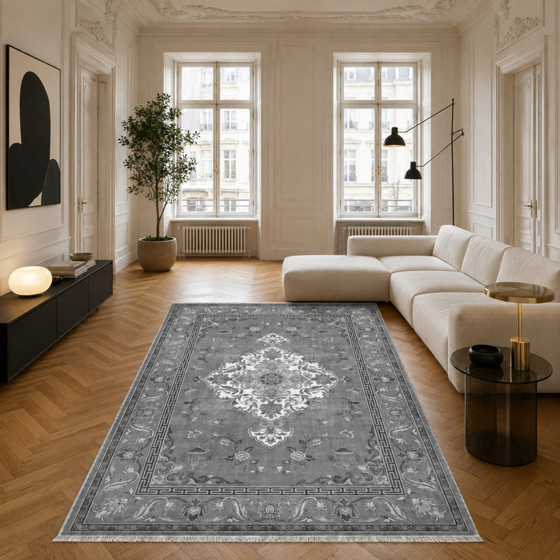 Oriental Cotton and Chenille Flatweave Area Rug, 200 cm round