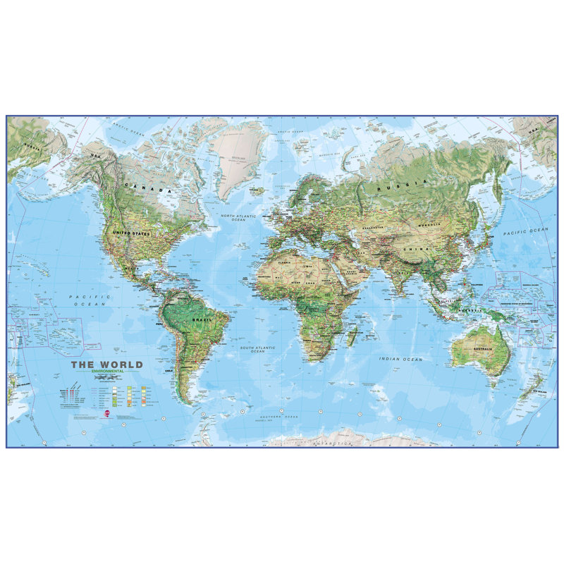 Huge World Wall Map Environmental - No Frame Print, 116cm H x 190.5cm W x 0.5cm D