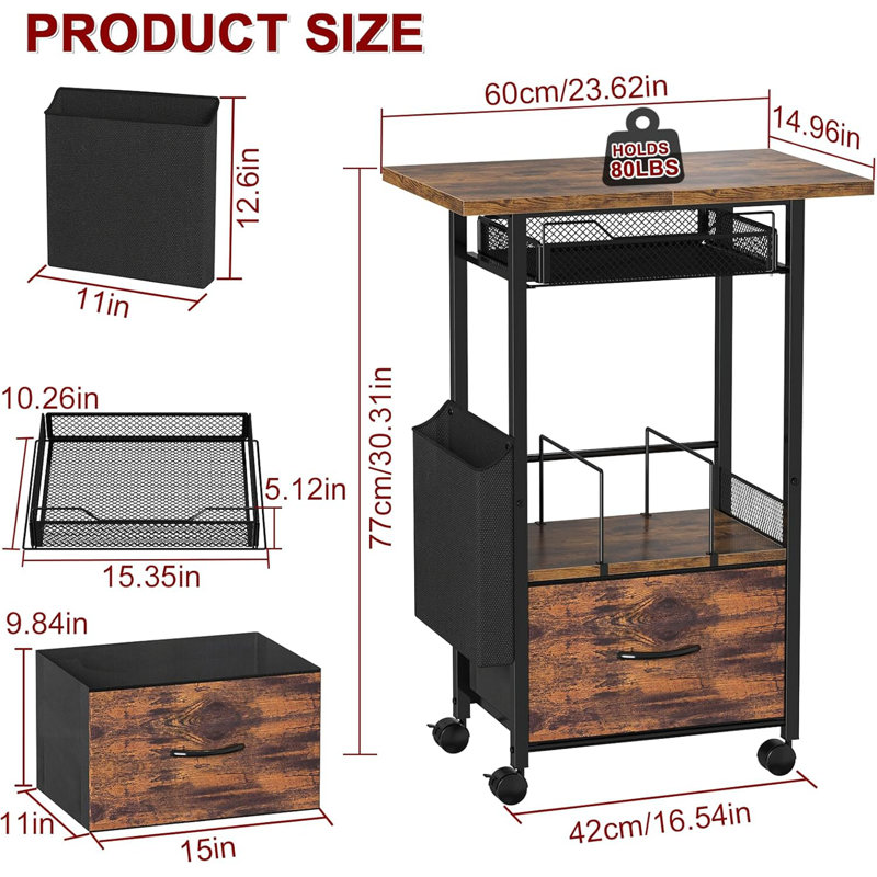 Rustic Brown Mobile 3-Tier Printer Stand - 2-Drawer File Cabinet (24" Extended Desktop, Lockable Wheels, Adjustable Rolling Cart For Home Office)