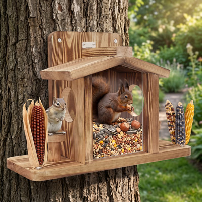 Plateforme d'alimentation extérieure robuste en bois pour écureuils, abri original pour écureuils de style table de pique-nique, mangeoire résistante aux intempéries pour tamias, plateau de rangement à fixer aux arbres pour arachides, noix et épis de maïs