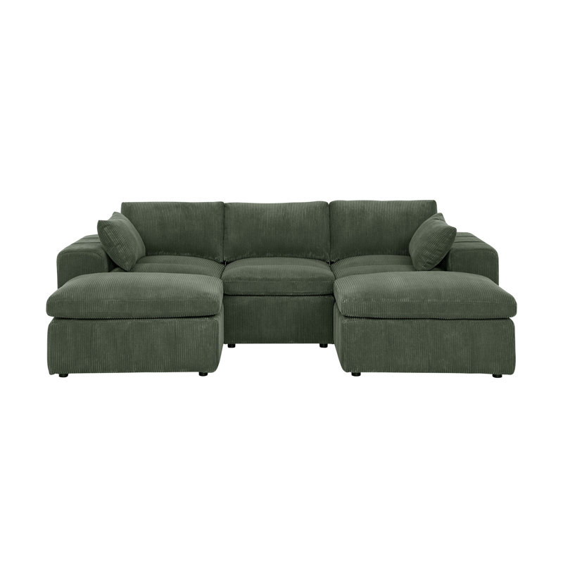Large Arms Cordory Upholstered Modular Sectional with 2 Ottomans, Corduroy - Dark Green