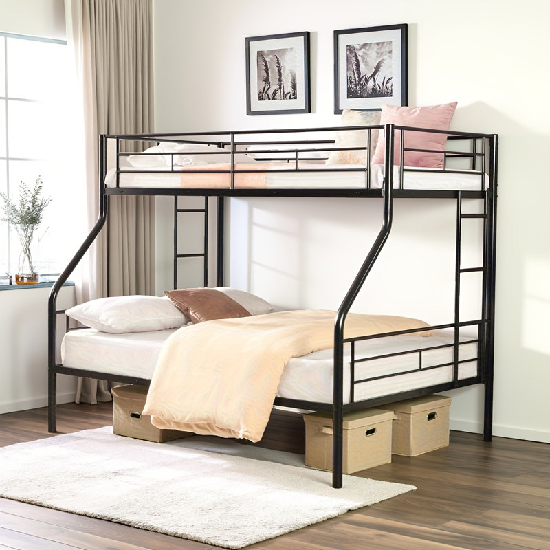 Lit superposé simple au-dessus d'un lit double en métal - aucun sommier nécessaire, rangement de 13 po sous le lit, assemblage facile avec instructions / outils, structure en acier robuste et escalier sécuritaire, conception empilée peu encombrante pour la chambre des enfants