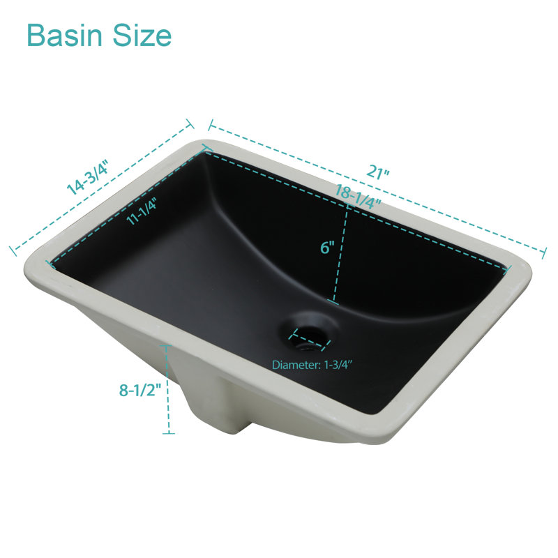 21" x 15" Rectangular Black Undermount Ceramic Bathroom Sink, Modern Under-Counter Vanity Basin with Overflow Hole