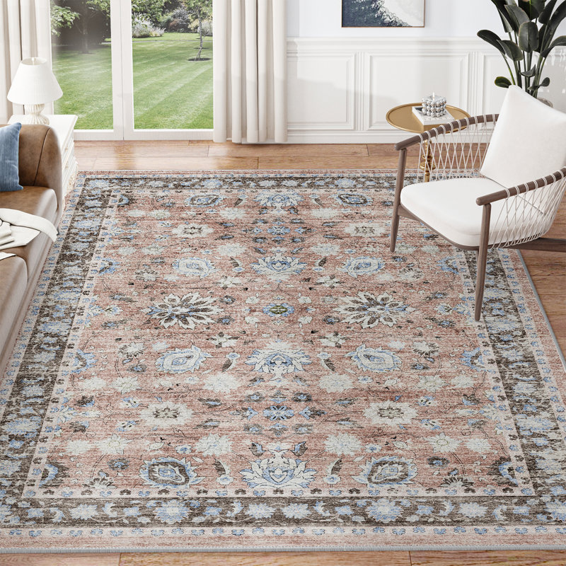 Tapis 6 x 9 pour le salon, tapis en brique à poils courts lavable à la machine, tapis à imprimé floral rétro résistant aux taches pour la chambre à coucher, la cuisine, la salle à manger