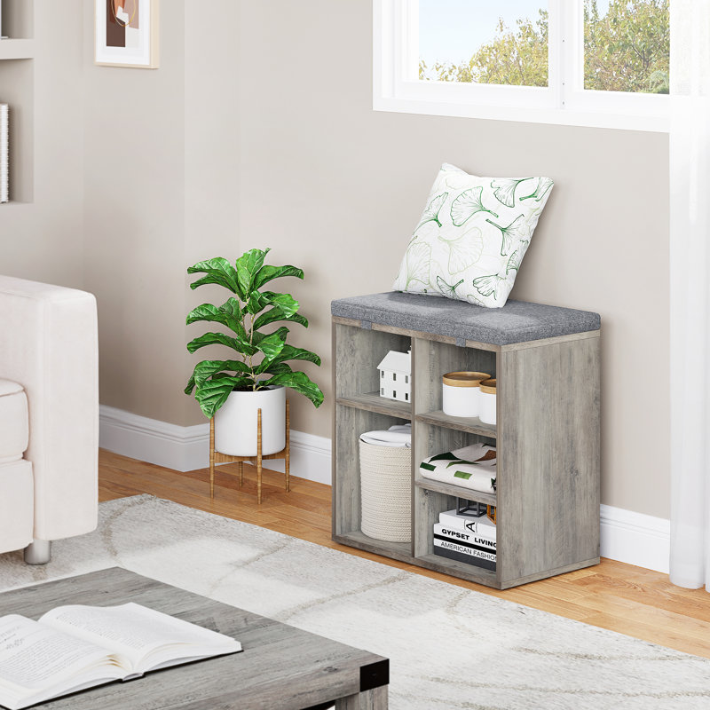 Linen Upholstered Storage Bench, Gray