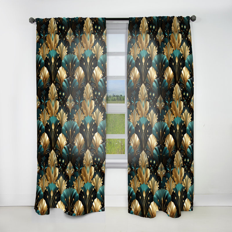 Motif glam riche art déco or riche et émeraude - rideau damassé - obscurcissant velours - 1 panneau, L 52 po x L 63 po