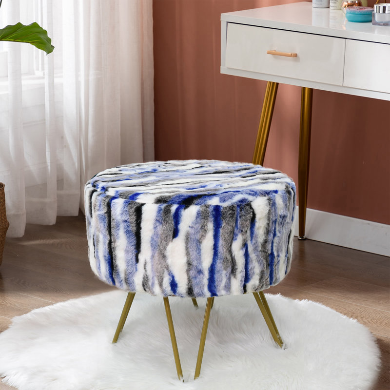 45.7cm Wide Round Abstract Standard Ottoman, Blue Faux Fur