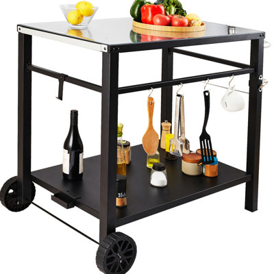 Double - Shelf Multifunctional Iron Dining Cart For Outdoor Use, 2 Wheels And Carry Handle, Black, Pizza Oven Food Service Setup Preparation