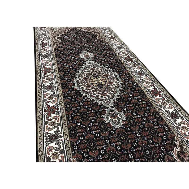 Hand-Knotted High-Quality Black and Cream Runner, Runner 2'7" x 6'