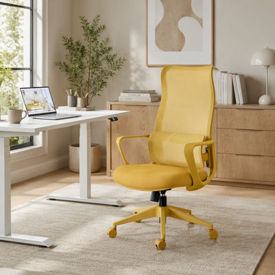 Chaise de bureau ergonomique en maille colorée avec soutien lombaire réglable, dossier haut respirant et siège en mousse moulée intégrée pour un confort et un soutien optimaux.