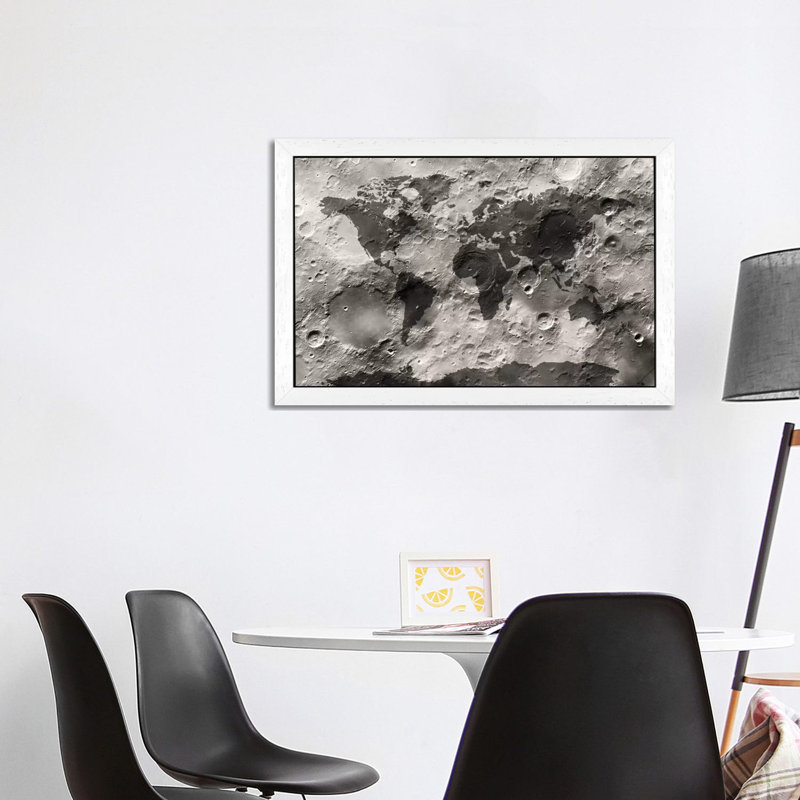 World Map On The Moon's Surface by Michael Tompsett - Print on Canvas, 66.04 cm H x 45.72 cm W x 1.91 cm D, White Framed