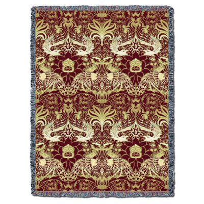 Couverture Pure Country Weavers William Morris Dragon et Paon Rouge et Or - Artisanat - Tapisserie - Jeté en coton - Fabriqué aux États-Unis (72 x 54)