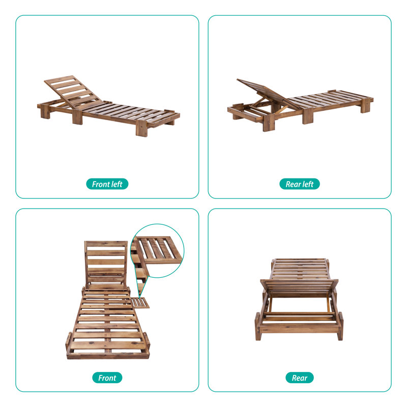 78.8'' Acacia Wood Outdoor Chaise Lounge Chair, Adjustable Recliner With Cushioned Headrest & Retractable Side Tray, Weather Resistant Easy Assembly, For Patio Poolside Garden Terrace Beach