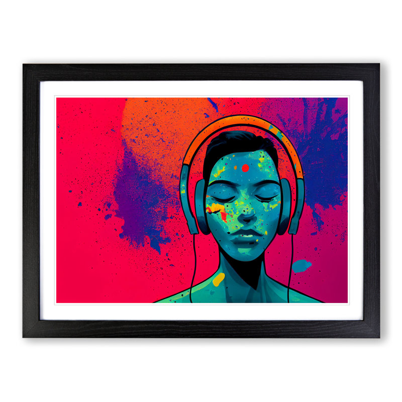 Man With Headphones Abstract - Single Picture Frame Painting, Black, 46cm H x 64cm W x 2cm D