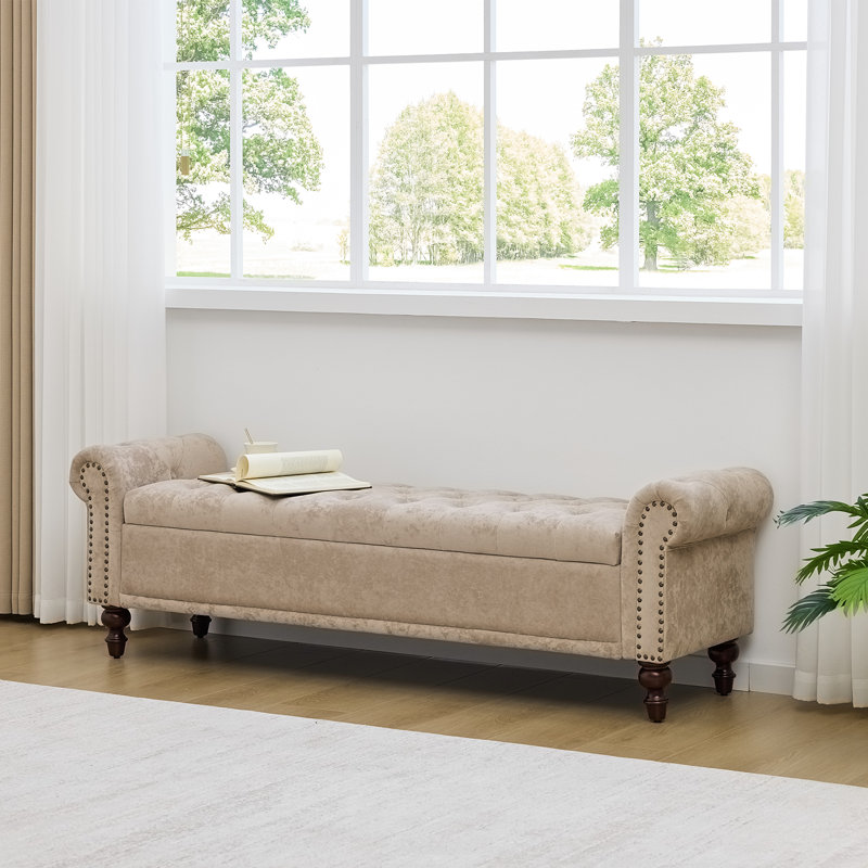 Banc de rangement rembourré en velours / lin avec compartiments de rangement segmentés, Velours brun clair