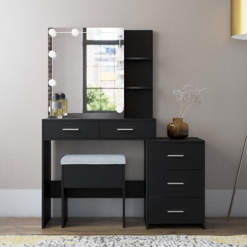 Calletano 44.3"Wide Makeup Vanity Set with Mirror Cabinet, Stool,5 Drawers, Black