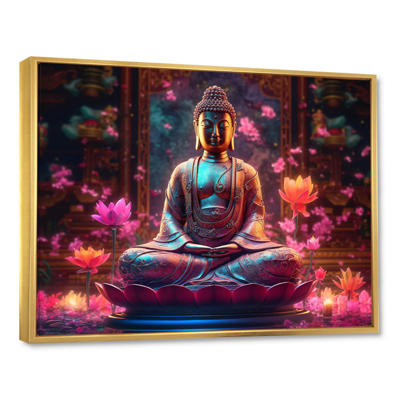 Starlight Buddha I - Décoration murale paysage religieux, H 12 po x l 20 po x P 1 po, Cadre flottant doré