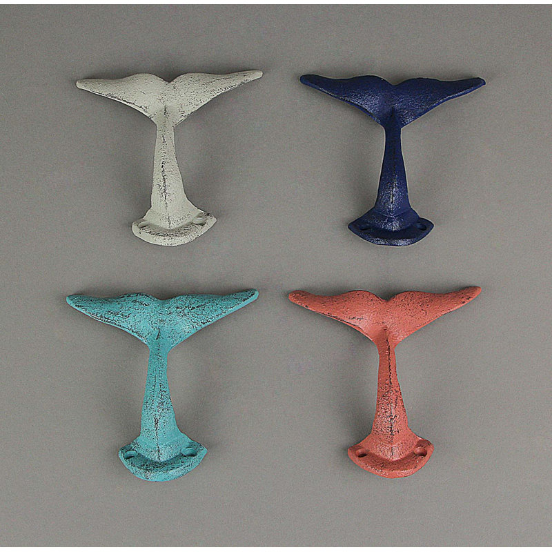 Albaugh coastal cast iron whale tail coat and towel wall hooks set of 4 in white, turquoise, coral, and blue enamel — 5" w x 3.5" h x 3.5" d