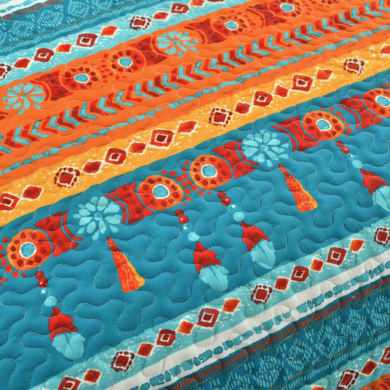 Blue/Orange Microfiber Reversible 3 Piece Quilt Set, Full/Queen Quilt + 2 Shams