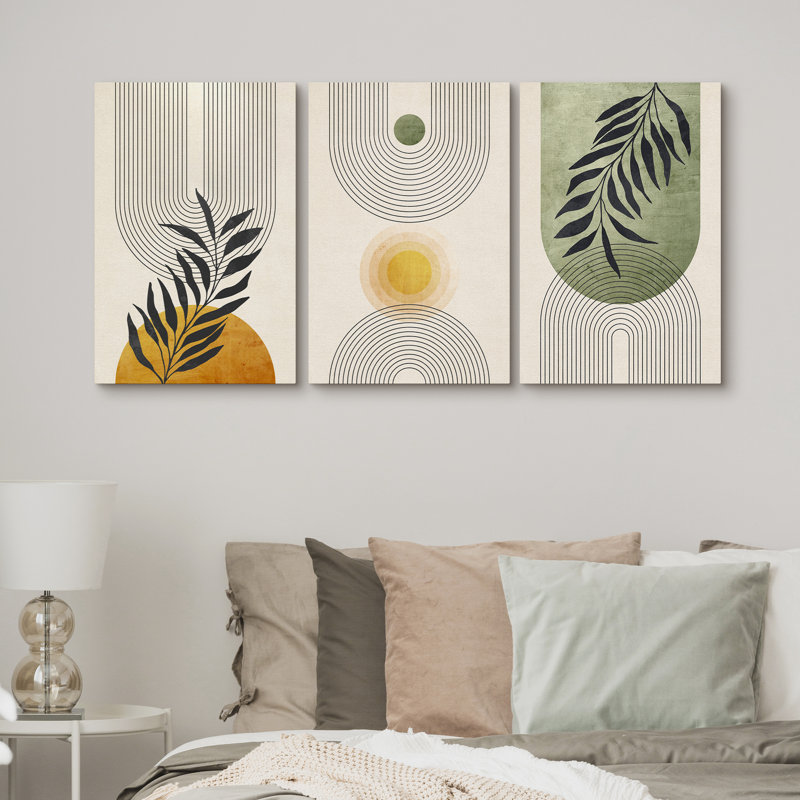 Mid Century Modern Boho Geometric Pastel Jungle Palm Leaf Abstract Nature - 3 Piece Print Set on Canvas, Wrapped Canvas