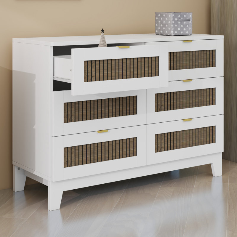 6 Drawer Wooden Dresser Featuring Rustic Farmhouse Design and Metal Handles