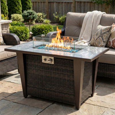 25'' H x 42'' W Beth Outdoor Propane Fire Pit Table: Marble Tabletop, Wicker Base, Glass Wind Guard, Lid, Hideaway Tank Seat & 50,000 BTU