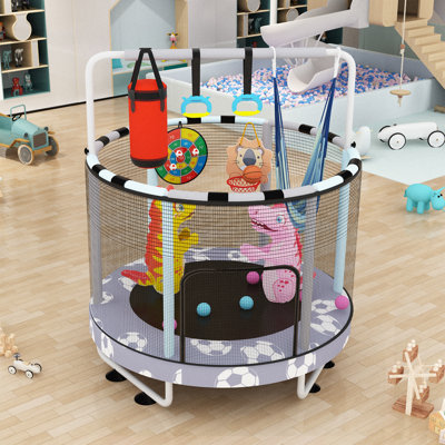 Trampoline rond 55 po 7-en-1 pour enfants avec filet de sécurité, trampoline intérieur et extérieur pour tout-petit avec barre de gymnastique réglable et jouets pour garçons et filles