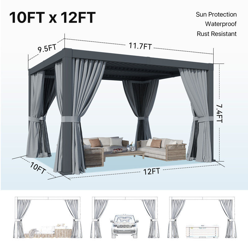 12 Ft. W x 10 Ft. D Outdoor Pergola, Louvered Pergola, Aluminum Pergola for Patio, 12 Ft. W x 10 Ft. D