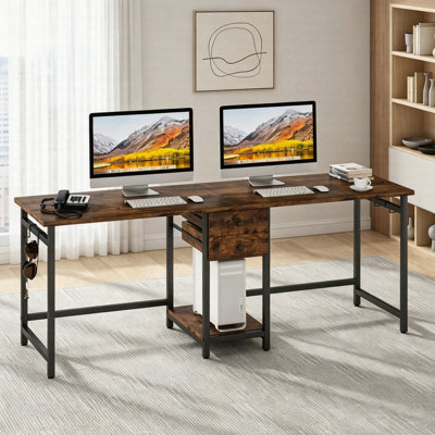 Industrial Two Person Desk 78", Double Computer Desk With Drawers & Storage Shelf