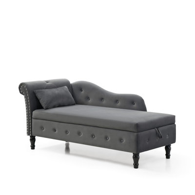 Chaise longue 2 places en velours gris avec rangement et capitonnage classique