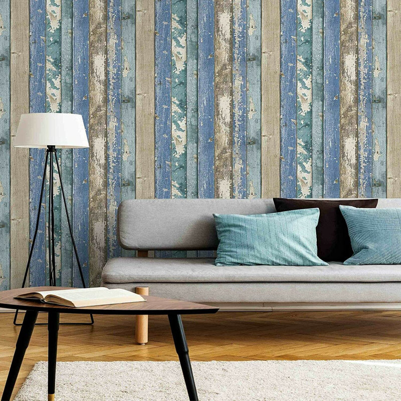 Erma Blue Wood & Shiplap Wallpaper 10m x 53cm Texture Distressed Roll