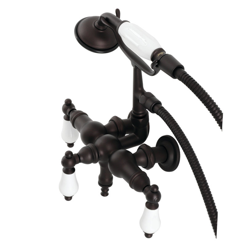 Kingston Brass Vintage Three-Handle 2-Hole Tub Wall Mount Clawfoot Tub Faucet with Hand Shower, Oil Rubbed Bronze