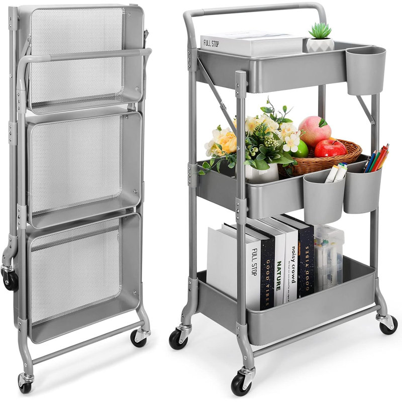 Chariot roulant pliable à 3 niveaux, Gris, H 39,76 po x l 17,7 po x P 11 po
