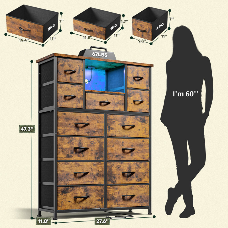 13 Drawer Tall Dresser For Bedroom With Open Shelves & Led Lights, Chest Of Drawers With Charge Station, Brown