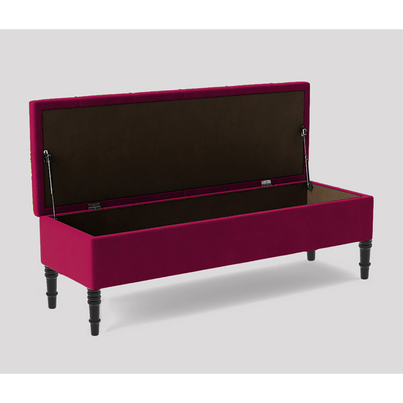 Alyana Wide Tufted Rectangle Ottoman Storage Bench - Upholstery Velvet Shoe Bench with Turned Wooden Legs, Claret Plush
