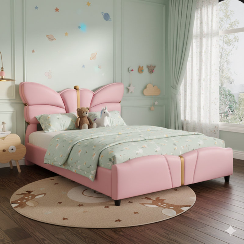 Structure de lit tapissier pour grand lit en similicuir, avec tête et pied de lit en forme de papillon, cadre de lit plateforme avec décorations en métal doré, aucun sommier nécessaire, rose clair