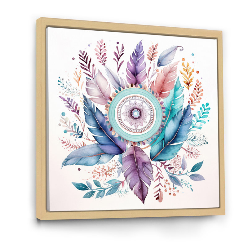Attrape-rêves pastel turquoise Boho sur toile, Cadre naturel flottant, 16" H x 16" W