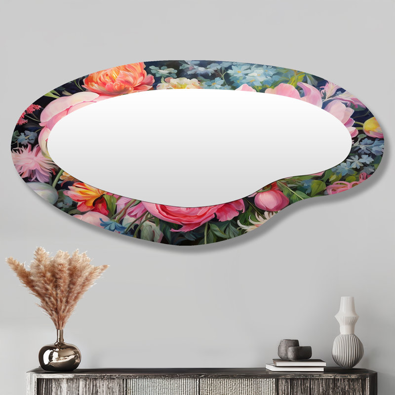 Grand miroir mural asymétrique rose avec fleurs sauvages printanières