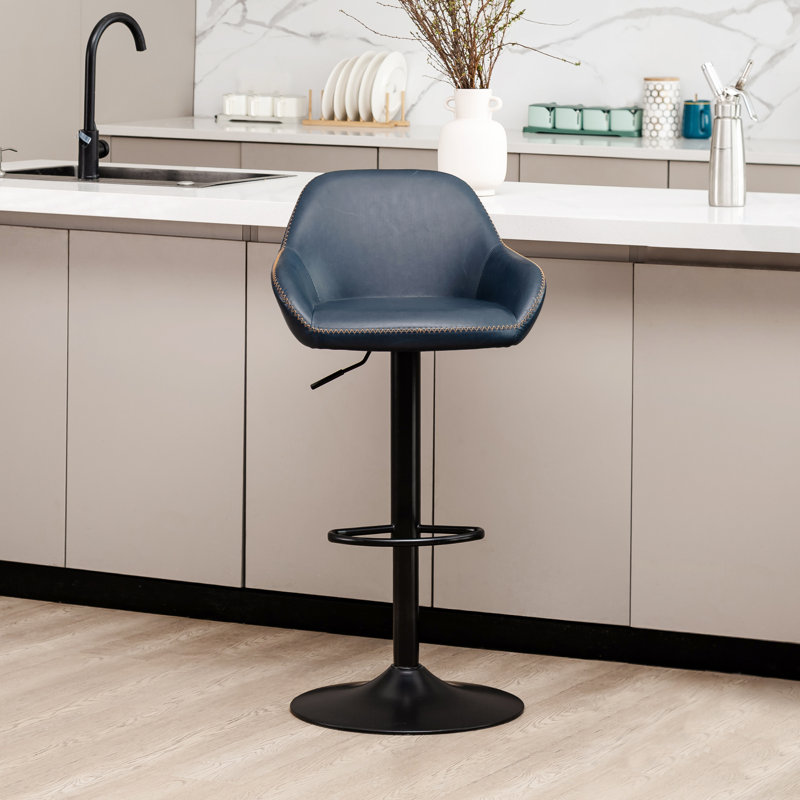 Bruckner Swivel Upholstered Faux Leather Adjustable Height Counter Stool with Steel Frame, Navy Blue
