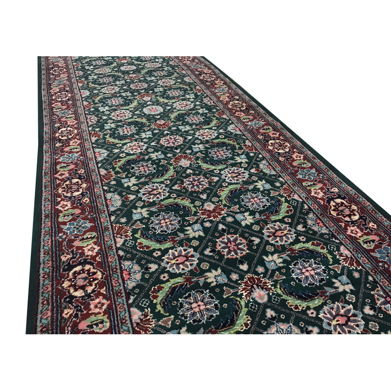 Hand-Knotted High-Quality Green and Red Runner