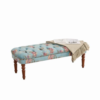 European Style Tufted Floral Bench with Turned Wood Legs,American Upholstered Ottoman for Bedroom & Primary Living Space