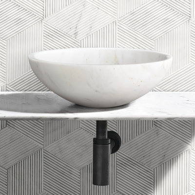 Semi - Polished Vessel Sink Of White Marble For Bathroom, 15.7Xh5.9 Inches, Practical And Elegant Design Sense Style