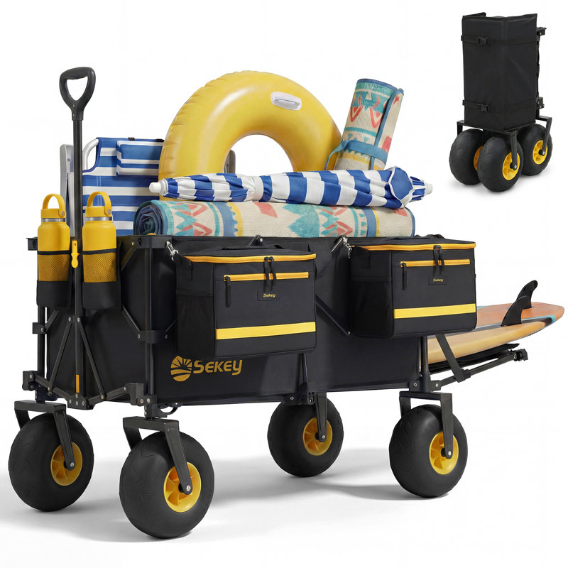 Sekey Heavy Duty Beach Wagon With 9" Big Sand-proof Wheels, 300l Oversized Foldable Beach Cart With Cooler| Adjustable Handle & Balloon Tires For Sand, Camping,vacation