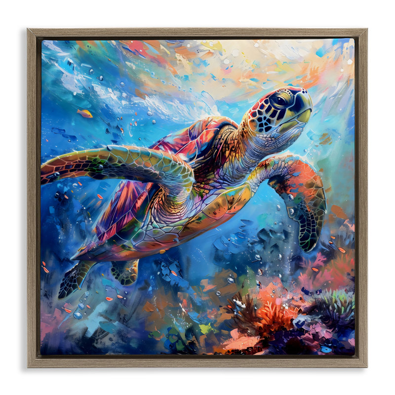 Cadre flottant Rainbow Sea Turtle & Bubbles, design par LSR Design Studio, Cadre flottant orme Montalcino, H 18 po x l 18 po