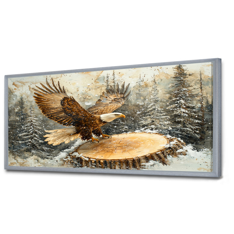 Aigle, vol du chasseur en hiver II - aigle, art mural, H 28 po x l 60 po, Cadre flottant, Argent argent
