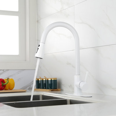Pull Out Spray Kitchen Faucet - Modern Style, Stainless Steel, White Easy Installation And Comfort, Flexible Water Flow Temperature Regulation Choices With Design, Steel Hassle- Installation,