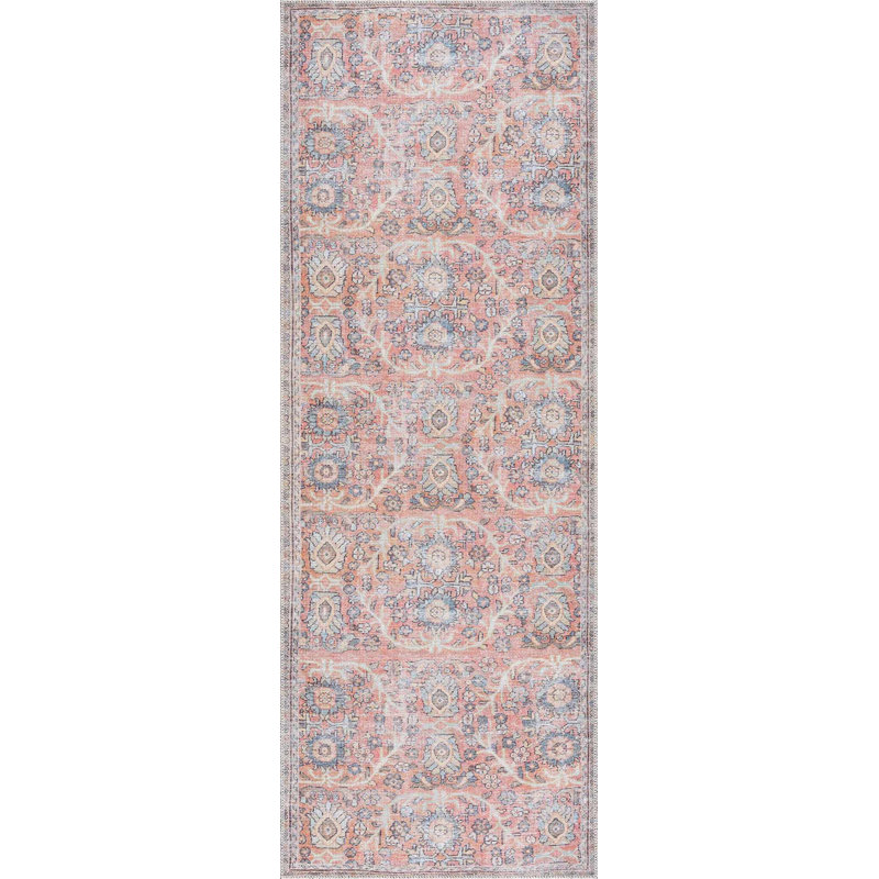 Tapis oriental rectangulaire en polyester tissé à la machine en brun, Tapis de couloir 2 pi 7 po x 7 pi 3 po